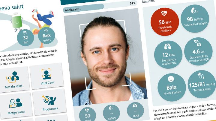 Pantalles de VitalCam: anàlisi facial i resultats de freqüència cardíaca, saturació d'oxigen, respiració, estrès i tensió arterial